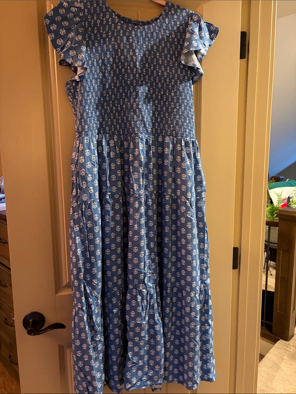 LuLaRoe Blue Floral Ruffle-Sleeve Maxi Dress Size Large
